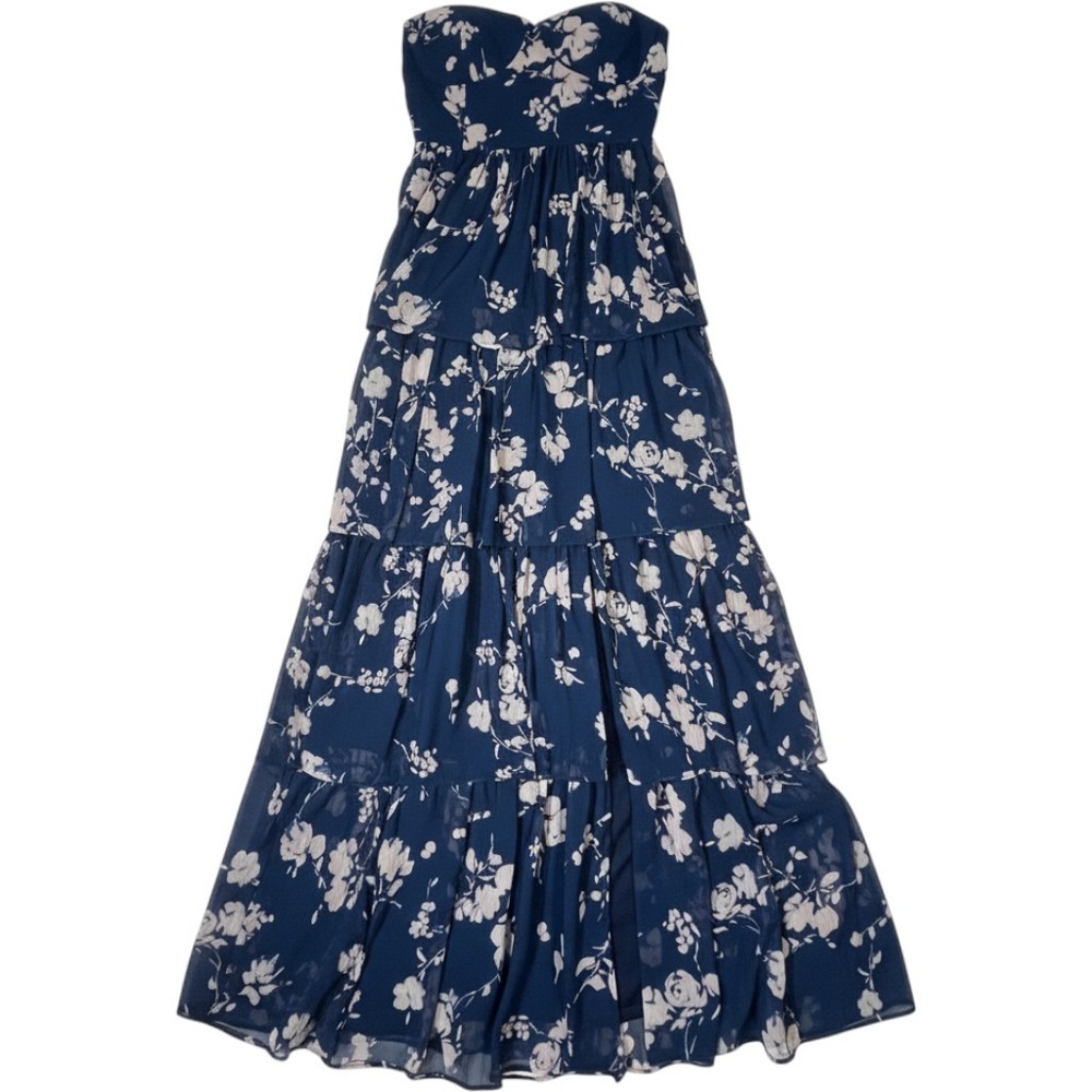 BCBG Strapless Floral Tiered Maxi Dress Navy Blue Sweetheart Ruffle Gown Size 4